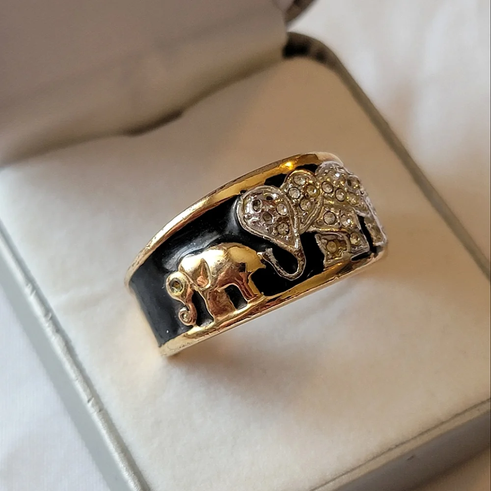 Vintage RINC Elephant Cocktail Ring Mama and Baby | Gold Tone | Black Enamel